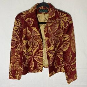 Harvé Benard Red Yellow Chenille Leaf Print Tapestry Open Front Blazer Jacket S